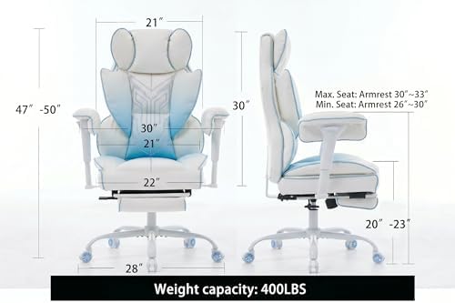 Comfy Office Desk Chair, White‑Blue Aesthetic Chair with Footrest