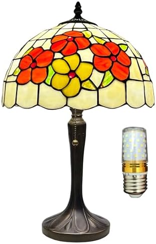Tiffany Style Table Lamp Antique Stained Glass Lamp Red Flower Style Desk Bedside Light for Home Bedroom Living Room Office with LED Bulb