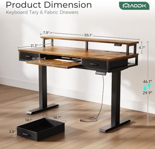 AODK 55 Inch Standing Desk with Drawers & Keyboard Tray, Rustic Brown
