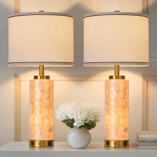 AIDENOEY 26" Modern Art Glass Table & Bedside Lamp, Stepless Dimmable Base + Dimmable 3-Color Light, USB A/C Charging Ports, Touch Control & Switch for Bedroom, Living Room, Office, Study