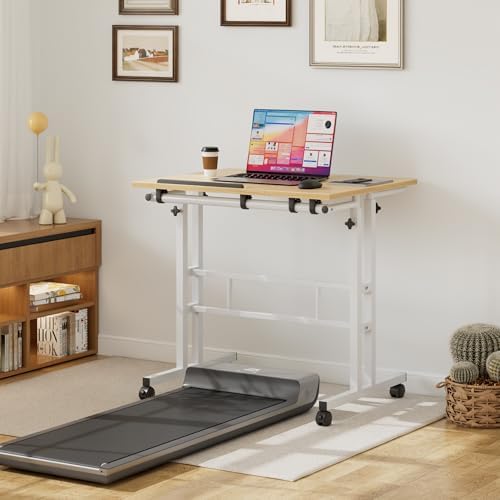 VECELO Mobile Small Standing Desk Adjustable Height, Computer Workstations with Tiltable Tabletop, Lockable Wheels, Portable Rolling Laptop Desk for Home Office, Oak