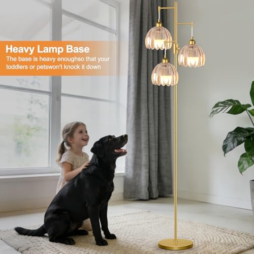 ZECOXOL Gold Floor Lamps for Living Room 3 Lights Floor Lamp with Glass Lampshape & Three Led Bulb,Mid Century Standing Lamp