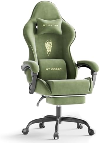 Ferghana Velvet Fabric Gaming Chair, High Back Ergonomic Gamer Chair for Adult, Comfortable Video Game Chair with Footrest and Massage Lumbar Cushion, Racing Reclining Office Computer Desk Chair Green