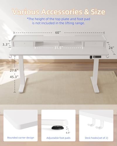 YIHAYO Electric Standing Desk with Drawers, 60 x 24 Inches Adjustable Desk with Storage Shelf, Computer Table with Splice Board for Home Office,White Frame/White Top