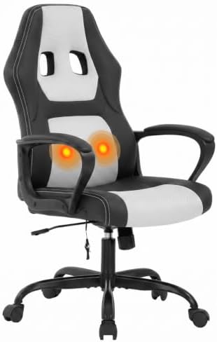 Gaming Chair Office Chair Desk Chair Massage Ergonomic PU Leather Racing Chair with Lumbar Support Headrest Armrest Task Rolling Swivel Computer Chair for Women Adults Girls(White)