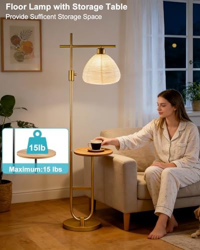 Gold Floor Lamp with Table, 66IN Tall Standing Lamp Rotary Switch
