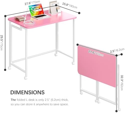 4NM 27.5" Mobile Small Rolling Computer Desk, Folding Laptop Cart Table with Wheels, Portable Office Desk for Small Space Couch Bed - Pink and White