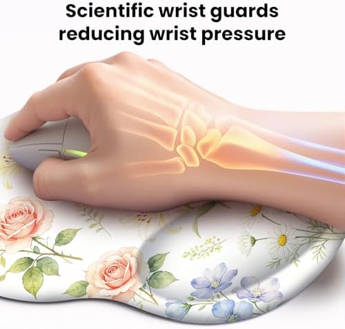 Mouse pad with Wrist Rest,Relieving Pain Memory Foam Computer pad, Ergonomic Desktop Mouse, Silicone Material Mouse pad, with Non-Slip PU Base (Flower)