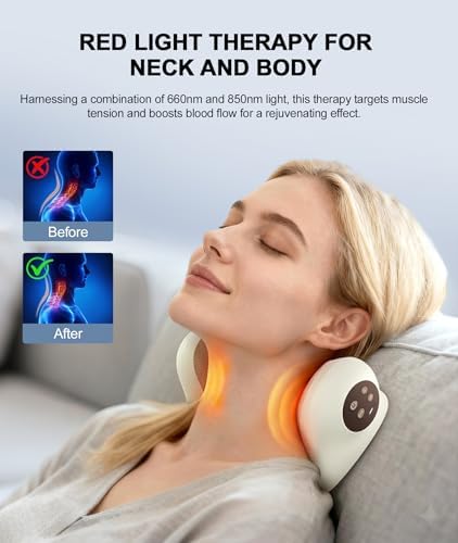 Neck Massager with Heat, Red Light & Vibration Adjustable, Heated Neck Stretcher with 3 Modes, Rechargeable Cervical Traction Device for Pain Relief & Muscle Relaxation, Gift for Women Men