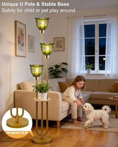 Lightdot Glass Floor Lamp with Shelf Green Glass Flower Gold Floor Lamps
