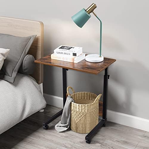 Standing Desk - Side Table Adjustable Height, Portable Laptop Cart, C-Shaped Bed Couch end Tables with Edge Stopper - Wheels for Living Room Bedroom Walking Pad Treadmill 23.6Inch Brown