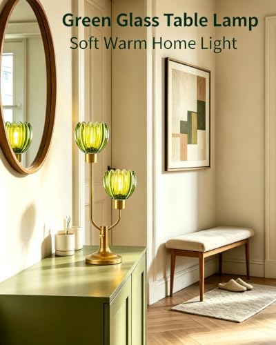 Green Glass Flower Table Lamp for Bedroom Dimmable 2 Bulbs Included