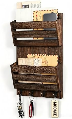 MOOACE Mail Organizer Wall Mount, Wood Mail and Key Holder with Hooks