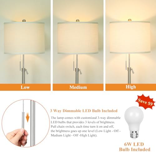 Qingmiao Brushed Nickel Floor Lamps for Living Room, 55"-67" Height Adjustable Modern Tall Lamp, 3-Way Dimmable Standing Lamp for Bedroom Office Reading Corner Home Decor, New House Warming Gifts