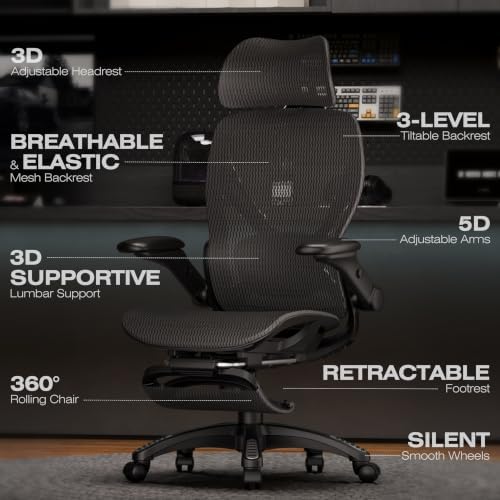 ELABEST X100 Ergonomic Mesh Office Chair with Footrest, Big and Tall Home Desk Chair with 5D Flip-Up Arms, Adjustable 3D Lumbar Support, Gaming & Executive Computer Chair (Night Reaper)