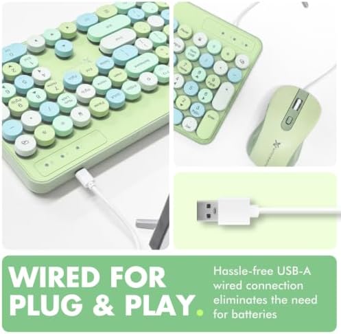 X9 Wired Keyboard and Mouse Combo - Retro Typewriter Keyboard with Round Keycaps, Soft White Backlight, Phone Dock, 109 Full-Size Keys, Cute Wired Green Keyboard and Mouse for Laptop, PC & Chromebook