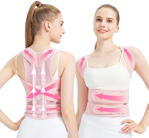 Back Brace Posture Corrector for Women & Men, Breathable, Pink, M