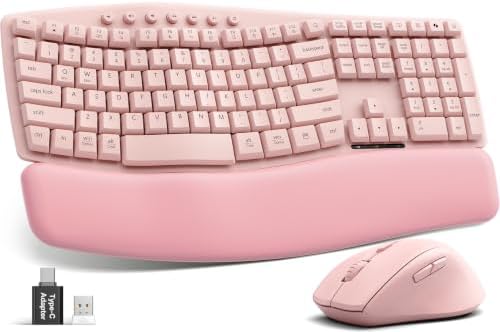 Pink Wireless Keyboard and Mouse Combo, Ergonomic Wave, 30dB Quiet, MA41