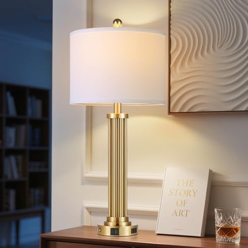 28" Tall Modern Table Lamp with USB C+A Ports and AC Outlet, 3 Way Touch Metal Bedside Lamps for Bedroom, Gold Nightstand Lamps for Living Room