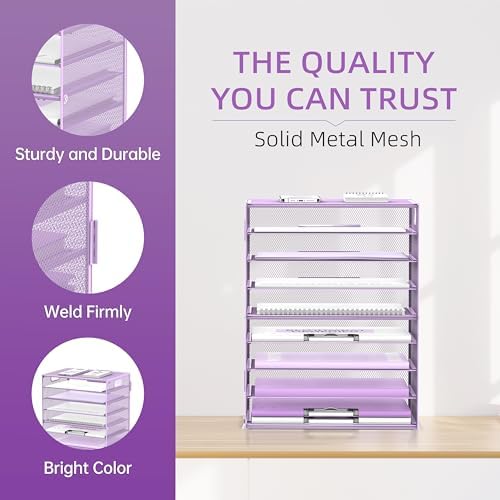 9-Tier Paper Organizer for Desk, Metal Letter Tray with Handles, Purple