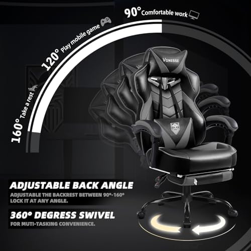 Vonesse Gaming Chair, High Back Gaming Chair with Footrest and Massage, Gaming Chairs for Adults with Pocket Spring Cushion, Big and Tall Reclining Computer Chair with Lumbar Support (Grey/Black)