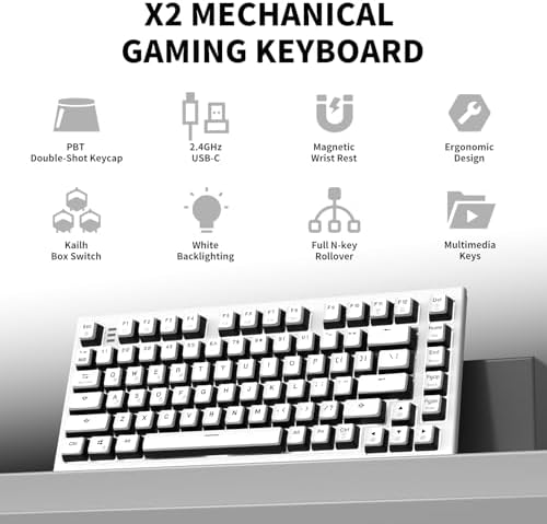 Hexgears X2 TKL Wireless Mechanical Gaming Keyboard with Magnetic Wrist Rest, Dual-Mode 2.4GHz/USB-C Ergonomic Keyboard, Pre-lubed Clicky Switches, White LED Backlit Computer Gaming Keyboards