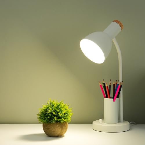 Desk Lamp with Pen Holder, Green, Wood Accent, Adjustable Gooseneck, Modern Study Light (White)