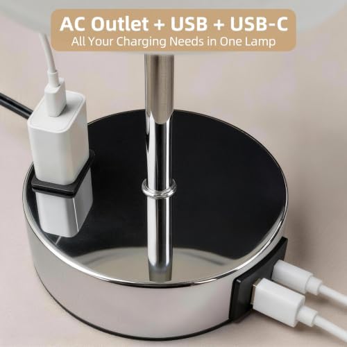 Table Lamp, Dimmable Touch, AC Outlet, USB A+C (White&Silver)