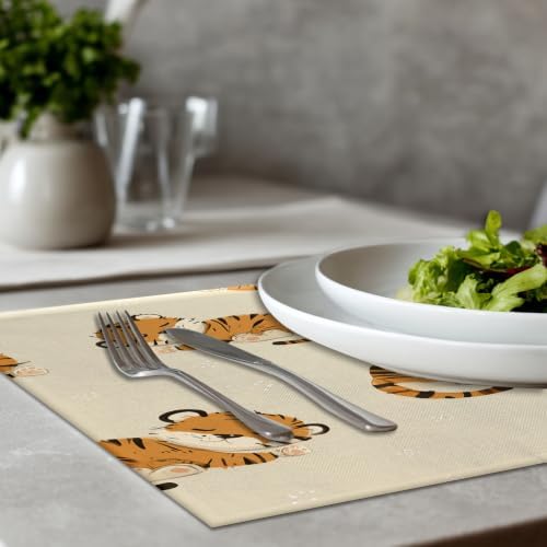 Cute Tiger in Tan Placemats, Sleeping Tigers Pattern Place Mats for Dining/Kitchen Table Waterproof Washable Linen Heat Insulation Dinner Table Mats 12X18 in 8 Pcs