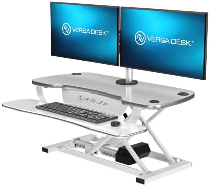 VERSADESK PowerPro 36 Inch Electric Standing Desk Converter – Push-Button Height Adjustable Sit to Stand Desk Riser for Dual Monitors & Laptop – Motorized Desktop Workstation with Wide Keyboard Tray