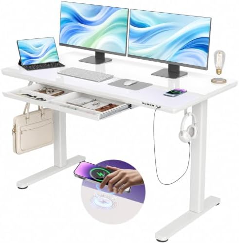 YDN Wireless Charging Glass Standing Desk with Drawer 55 Inches Super White