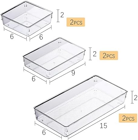3 Pack Clear Plastic Drawer Organizer Tray Cutlery Utensil Makeups Drawer Silverware Organizers 12" X 6"… (6P(6X6+6X9+6X15))