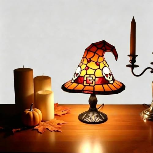 Stained Glass Witch Hat Lamp, Handcrafted Resin Halloween Witch Lamp (Yellow)