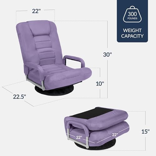 Best Choice Products Swivel Gaming Chair 360 Degree Multipurpose Floor Chair Rocker for TV, Reading, Playing Video Games w/Lumbar Support, Armrest Handles, Adjustable Foldable Backrest - Light Purple