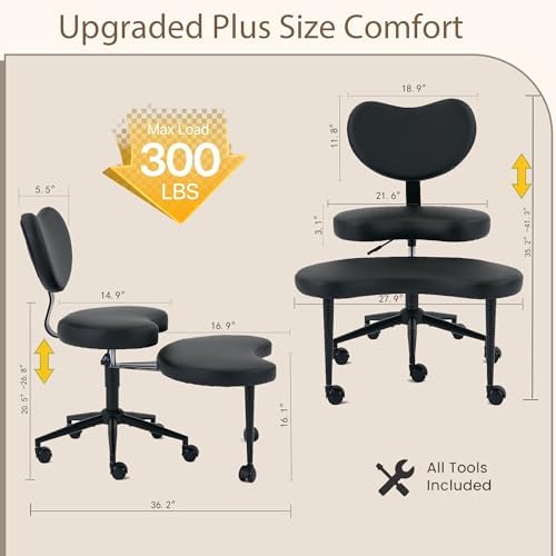 Ergonomic Cross Legged Chair, Meditation Chair Plus with 360° Swivel Wheels for ADHD/Fidgety Sitters, Height Adjustable & Lumbar Support, Black PU, Chic Home Office Furniture