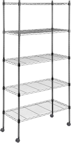 Simple Deluxe 5-Tier Storage Shelving Units, 24.02" W x 13.78" D x 59" H Wire Shelf with Wheels & Leveling Feet, Black