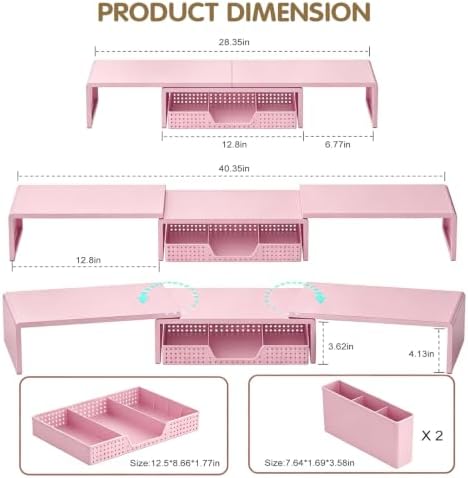 LEKETREE Dual Monitor Stand Riser with Drawer and 2 Pen Holders, Pink
