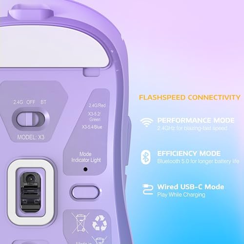 ATTACK SHARK X3 Lightweight Wireless Gaming Mouse with Tri-Mode 2.4G/USB-C Wired/Bluetooth,Up to 26K DPI, PAW3395 Optical Sensor,Kailh GM8.0 Switch,5 programmable Buttons for PC/Win/Mac(Purple)