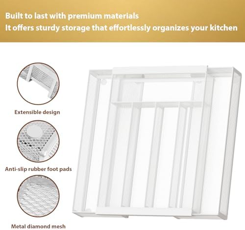 Sedegn Expandable Kitchen Utensil Organizer - 9.6" to 16.1" Adjustable Cutlery Tray with 5-7 Compartments - Fits Various Drawer Sizes & Holds Large Ladles Spatulas Forks Spoons & Knives White
