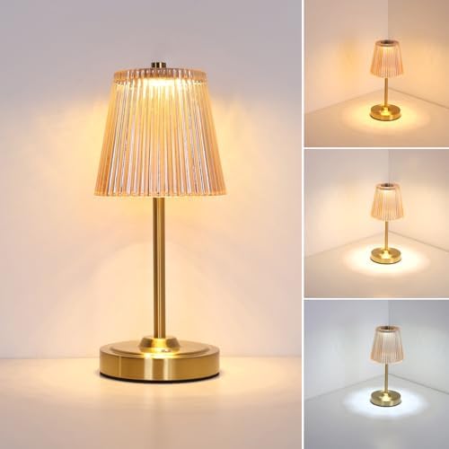 Shenmoyl Cordless Touch Table Lamp with 5200mAh Battery - 3 Adjustable Color Temperatures & Dimmable, Rechargeable Desk Lamp for Bedroom, Living Room, Office, Entryway, Bookshelves (Amber Stripe)