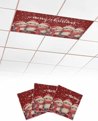 Red Christmas Magnetic Fluorescent Light Covers for Ceiling Lights 2 x 4 Feet,Vintage Owl White Snowflakes Watercolor Office Classroom Kitchen Drop Ceiling Light Covers Filters Shade Panel 3 Packs