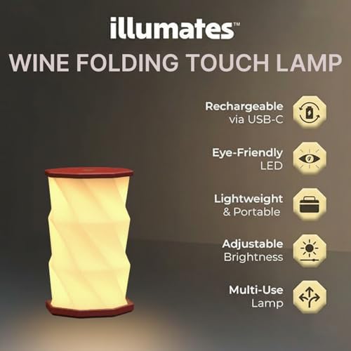 Origami Expanding Foldable LED Desk Lamp – USB Rechargeable & Portable - Dimmable Touch Control Light with Adjustable Height up to 5 1/2 for Office, Travel, Bedside - Sleek & Modern Design (Wine)
