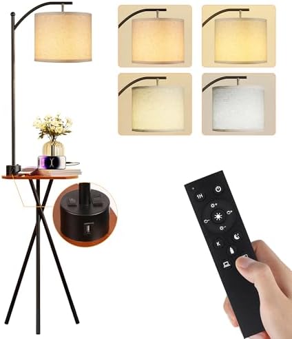 ROTTOGOON Floor Lamp with Table, End Table Lamp with Remote Control and Charging Station(USB A & Type-C & AC Port), 4 Color Temperatures, Floor Lamps for Living Room, Bedroom and Home Office,Black