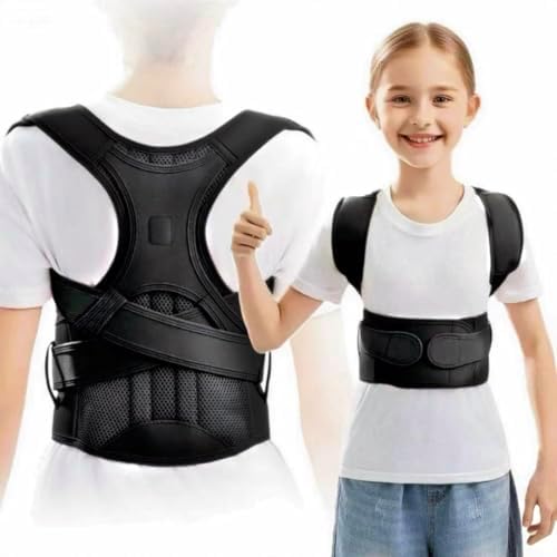 Back Brace Posture Corrector for Kids Teenagers Women, Adjustable Upper Back Straightener Lumbar Support Belt for Student Boys Girls Hunchback Scoliosis Pain Relief Spine Corrector (Black, Medium)