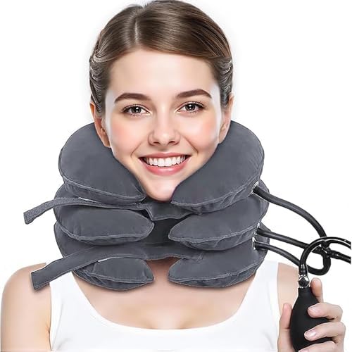 Neck Stretcher, Cervical Traction Device, Neck Traction Device, Cervical Neck Traction Device for Neck Pain Relief, Adjustable Inflatable Neck Brace, Neck Decompression Home Use (Dark Gray)
