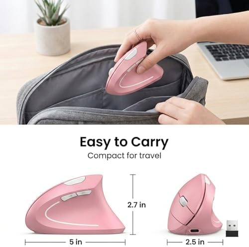 Ergonomic Vertical Wireless Mouse, 2.4G Optical Mouse with USB Receiver, 800-1600 DPI, Silent Click, Battery Powered, 5 Buttons, Stylish Comfortable Mouse for Laptop, PC, Mac, Computer (Pink)
