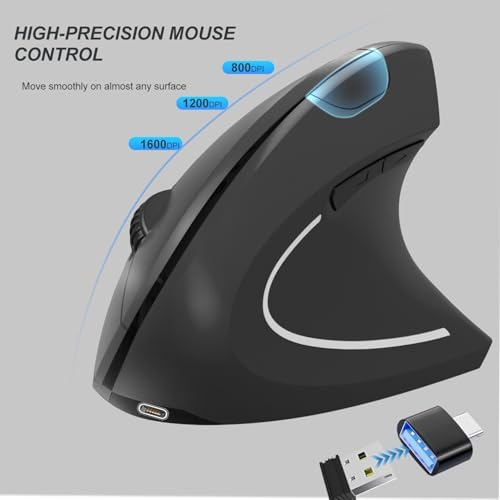 Vassink Ergonomic Mouse, Rechargeable Wireless Mouse,2.4GHz Rechargeable Wireless Vertical Optical Mice with USB Receiver, 6Buttons, 800/1200/1600 DPI, for Laptop, PC, Computer