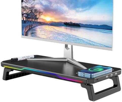 Monitor Stand Riser with USB 3.0 Hub & Type-C Port, 15W Fast Wireless Charging & RGB Lighting, Desk Organizer for Home Office PC iMac 27 Inch (Black)