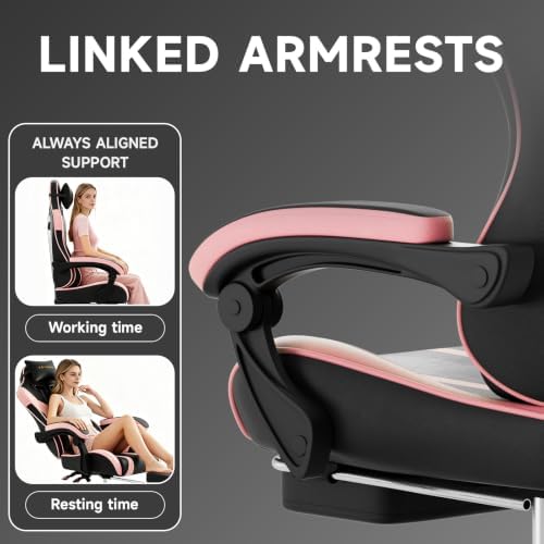 Ergonomic Gaming Chair,A Versatile 3-in-1 Video Game Chair for Work, Study, and Gaming,Features an Adjustable Backrest, Footrest, and Linked Armrests Office Chair for Adults,Blackpink