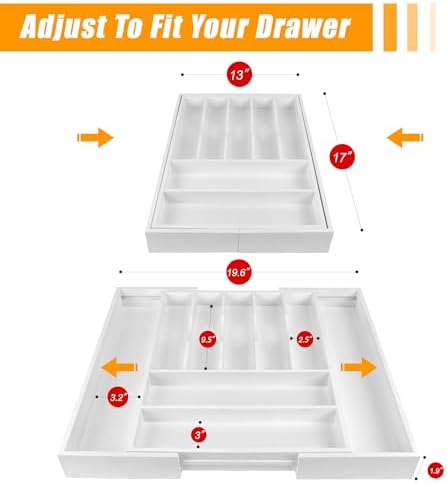 Bellsal Large Premium Bamboo Silverware Organizer - Expandable Utensil Drawer Organizer - 17"x19.6" Utensil Holder and Cutlery Tray with Grooved for Kitchen Flatware and Utensils(7-9 Slot, White)